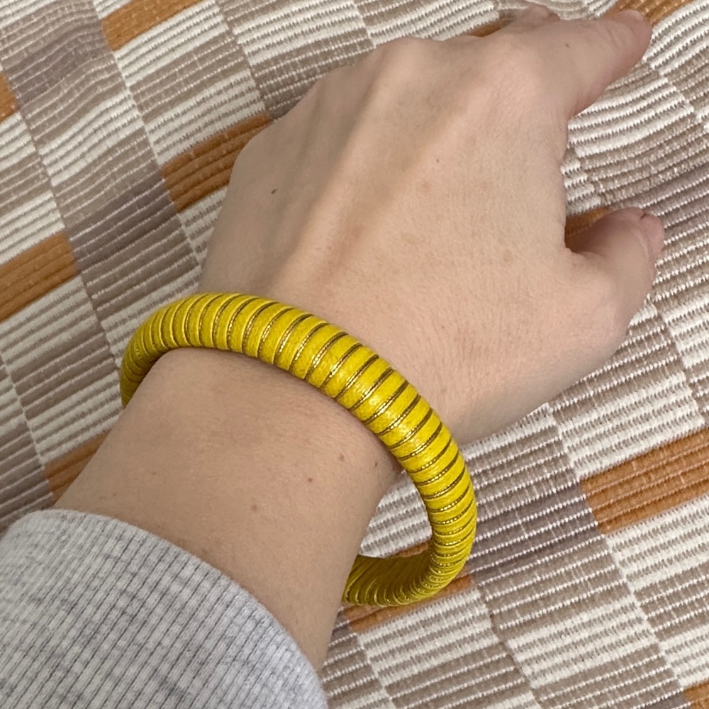Bohemian Maximalist  Cord Wrapped Yellow and Metallic Coiled Bangle  Bracelet